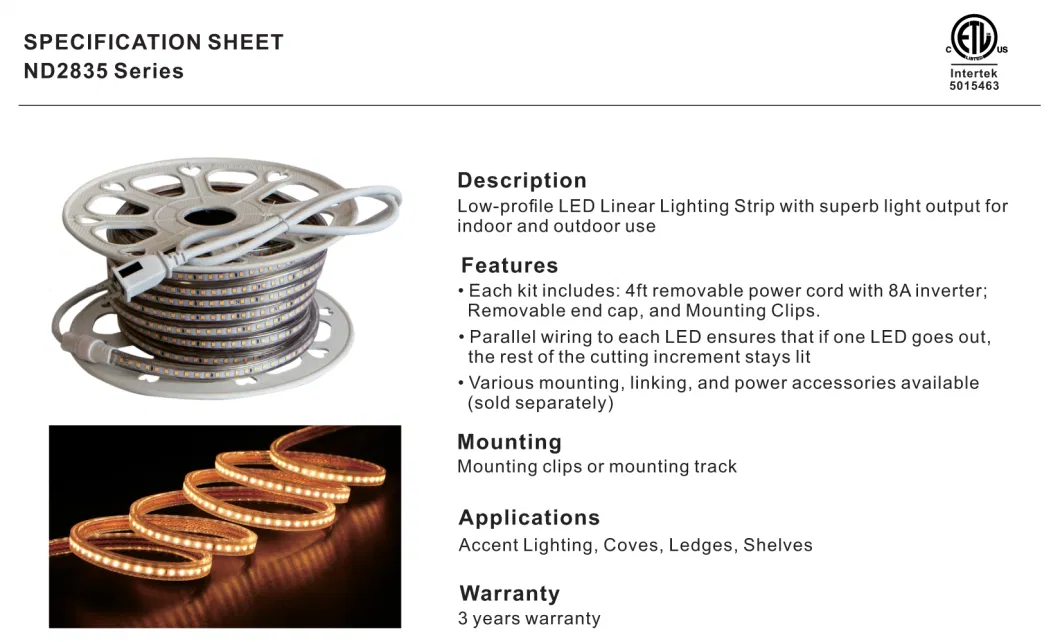 ETL List 120V Waterproof LED Strip Light Kit