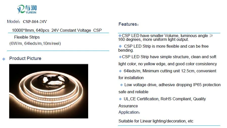 UL, CE Approved IP65 Csp LED Strip 64LEDs Flexible Strip Light for Linear Lighting