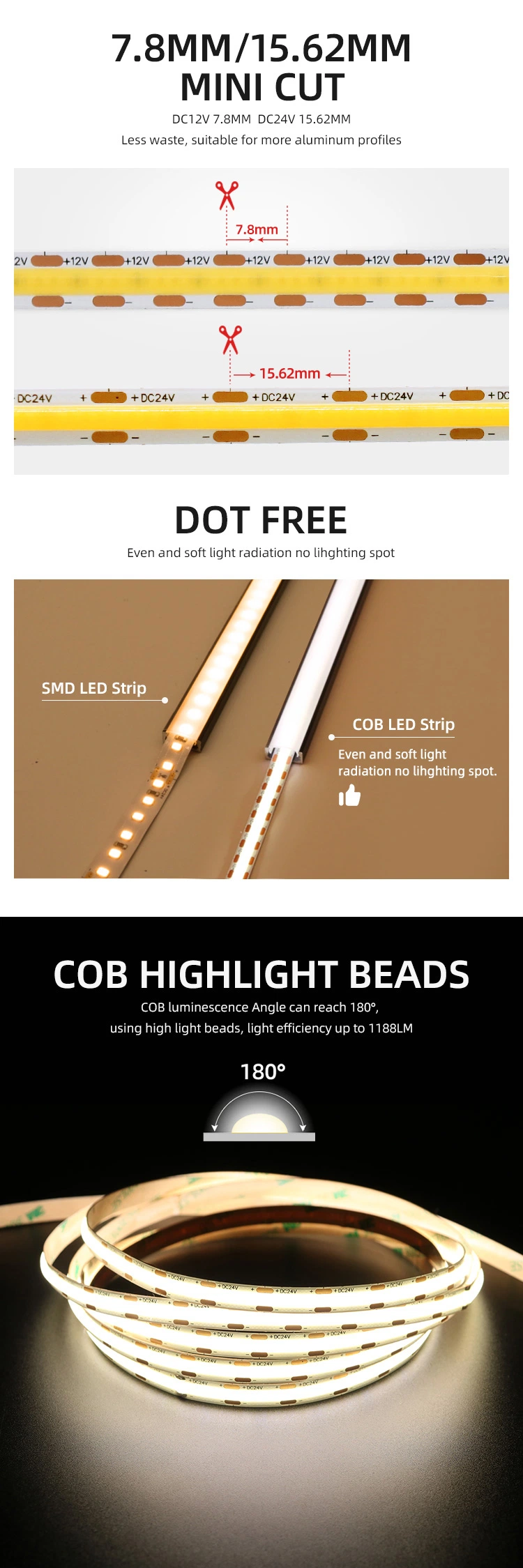 LED COB Flexible Tape 8mm PCB 512chips/M Dotless COB LED Strip Light LED Strip Tape