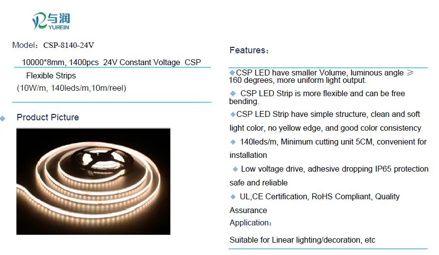 UL, CE Approved IP65 Csp LED Strip 140LEDs Flexible Strip Light for Linear Lighting